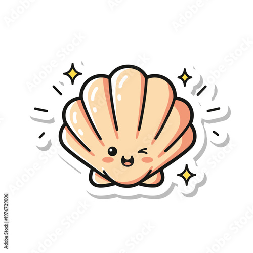 Cute winking seashell sticker with sparkling stars.