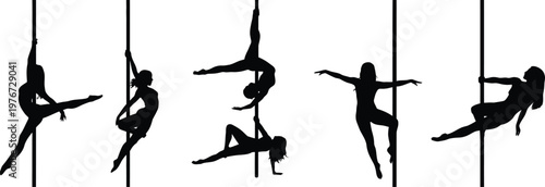 Five black silhouettes of women performing pole dancing poses