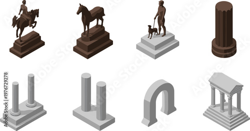 Isometric 3D architectural monuments and statues set for historical design and urban illustration use