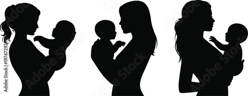 Three black silhouette profiles of mothers holding babies