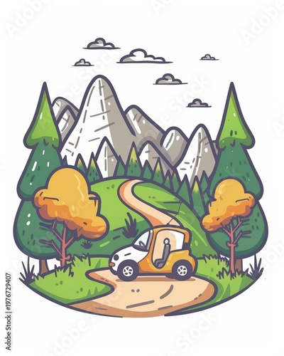 A cute cartoon Style ofA scenic drive with an electric car along a coastal road