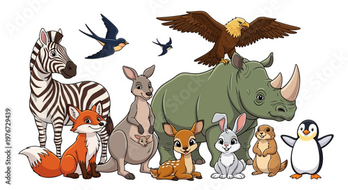 Group of cute cartoon wild animals including a zebra rhinoceros eagle fox and penguin