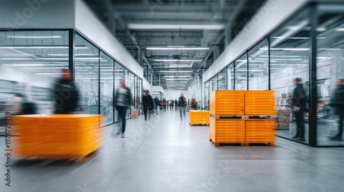 People walking in a modern warehouse with yellow pallets.