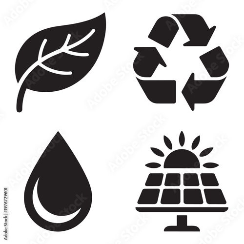 Set of four black icons representing environmental sustainability and renewable energy sources.