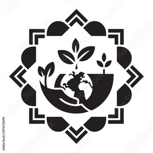 Stylized black icon of a hand holding the Earth with plants growing, symbolizing environmental care.