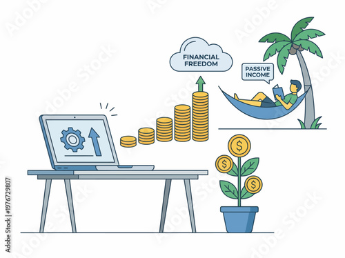 Creative vector graphic illustration showcasing business growth and passive income concepts with a laptop desk setup plus a relaxed person resting in a beach hammock