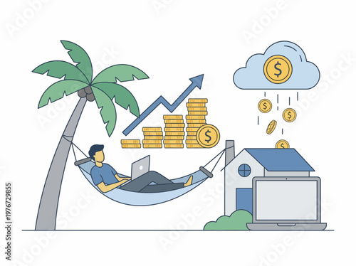 Digital nomad freelancer working remotely from a relaxing hammock while earning passive income through a growing business model depicted in this creative flat vector graphic illustration