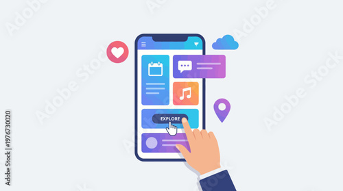 Vector graphic illustration depicting a hand with a pointer finger pressing the "explore" button on a smartphone application interface displaying various interactive elements.