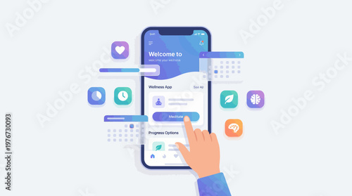 User interaction with a modern wellness application on a smartphone featuring health tracking, meditation, and personalized progress options in a clean vector graphic design.
