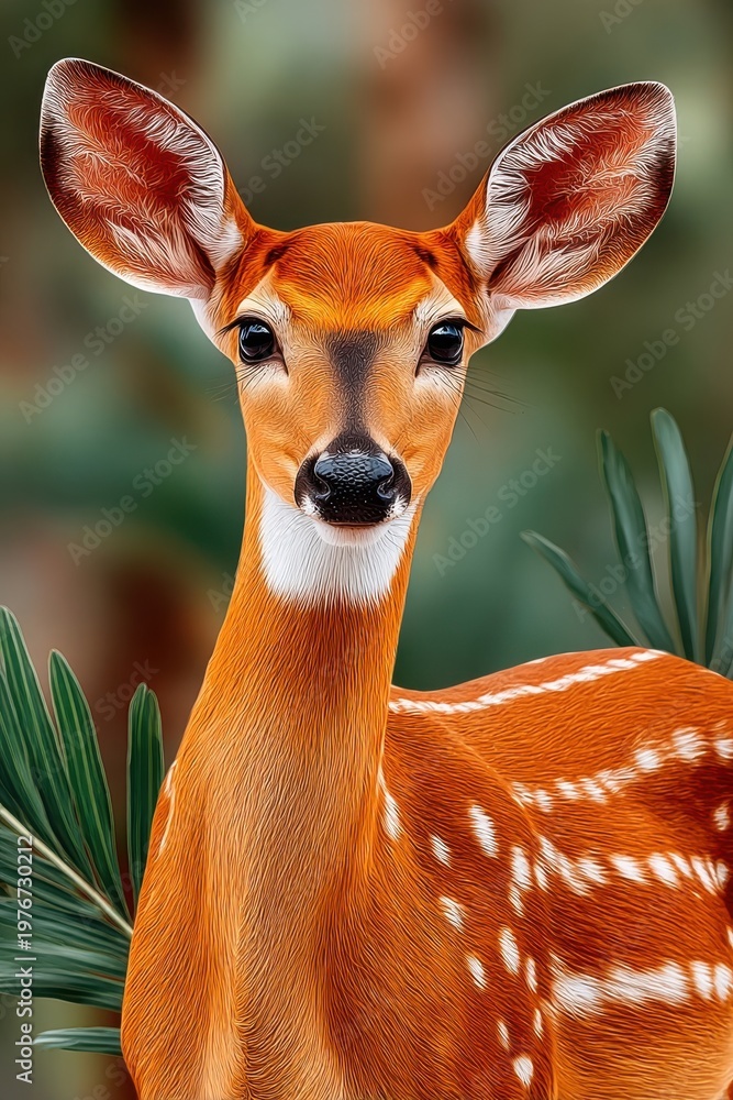 Naklejka premium Beautiful baby deer portrait with big ears looking directly at camera in natural setting