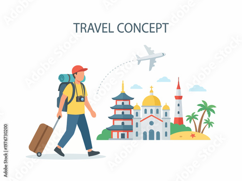 Traveler with a backpack and suitcase walking towards iconic world landmarks in this colorful vector graphic illustration designed for global tourism and vacation adventure themes