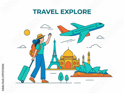 Flat vector illustration of a female traveler with a suitcase and backpack standing before iconic world landmarks while a commercial jet flies in the sky