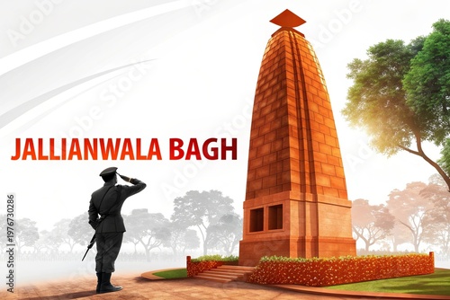 Soldier saluting jallianwala bagh memorial honoring martyrs of 1919 tragedy.