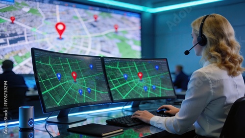 Female operator monitoring GPS tracking system on dual screens in modern control room with large map display and neon lighting for logistics or security management