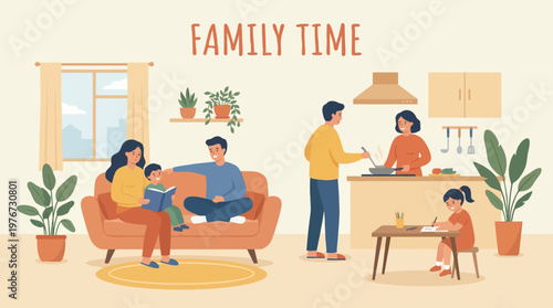 Happy parents and children enjoying quality time together in a cozy home environment depicted through a colorful vector graphic illustration showing daily domestic family life activities