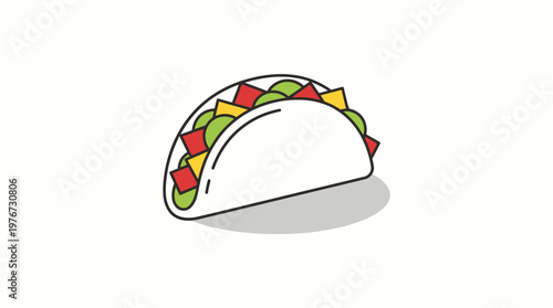 Fresh taco icon showing a crisp corn shell filled with tasty meat and vegetables in this simple clean vector graphic design for modern food apps