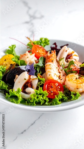 Close-up of gourmet seafood salad with prawns, tomatoes, and greens