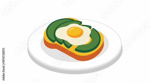 Delicious stylized vector graphic illustration of a healthy avocado toast topped with a perfectly fried egg, presented on a white plate, ready for breakfast.