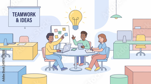Professional business team brainstorming creative ideas during a collaborative office meeting session represented by a glowing lightbulb vector illustration concept for modern corporate strategy devel