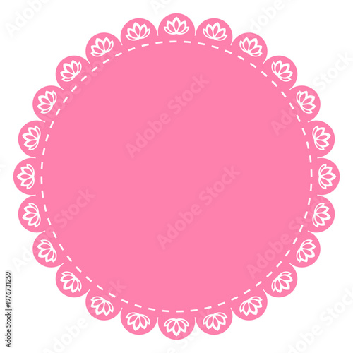 Illustration of a pink floral round frame with lily-shaped ornament on a white background