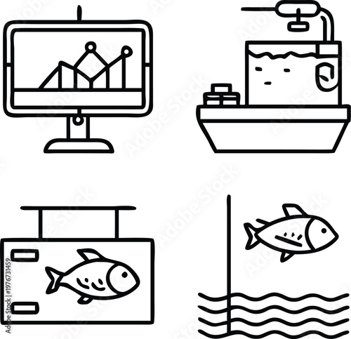 Vector illustrations showing aquaculture and monitoring tools. Detailed line art displays an aquarium setup, a fish display, and a graph chart illustrating the intricacies of aquaculture.