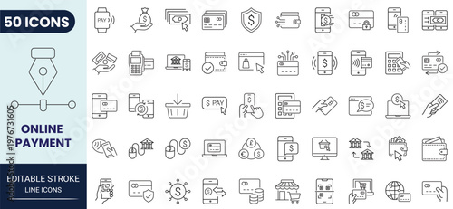 Online payment icon set in outline style. Editable stroke. Vector icon collection.