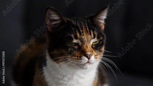 A close-up portrait of a domestic feline with striking green eyes and a tri-colored coat, looking attentively into the distance with a soft focus