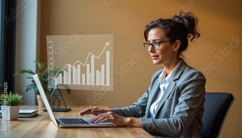 A confident woman in business casual outfit reviewing digital growth charts projected in mid air fro