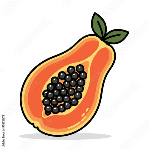 A cut papaya fruit revealing its juicy orange flesh and black seeds inside