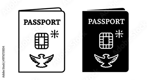 Passport vector icons in outline and solid black styles, biometric travel document symbols, international identification and tourism graphics