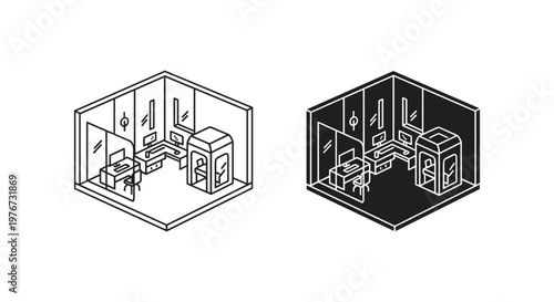 Isometric modern office interior vector, coworking space with desks and phone booth, minimalist workplace line art icons in light and dark styles