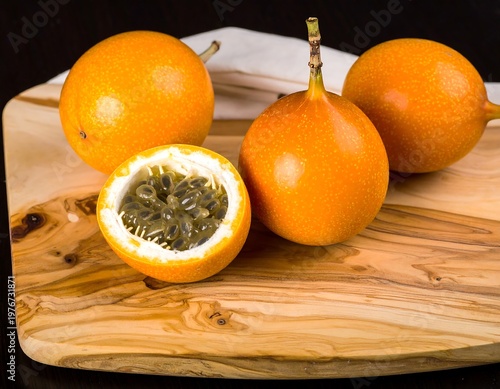 Close-up of granadilla fruits, half-cut, on a wooden cutting board