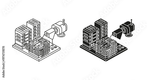 Isometric server room vector illustration, data center hardware with security camera, network infrastructure and cloud computing storage concept