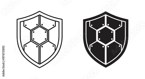 Futuristic shield icons with honeycomb plating, armored security shield vector set, black and white tech protection symbols for cyber safety
