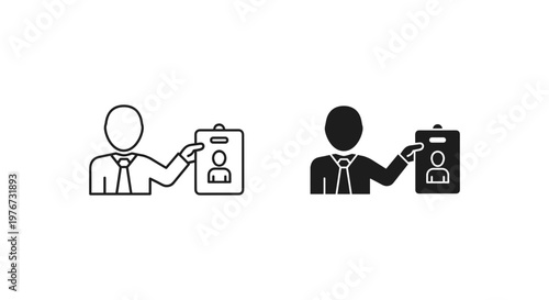 Professional identity card icon set, businessman holding ID badge vector, corporate employee identification symbols in line and solid styles