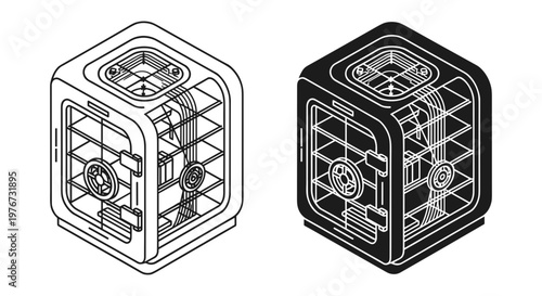 Isometric bank safe box vector icons, black and white line art vault security symbols, heavy metal storage for financial protection and wealth