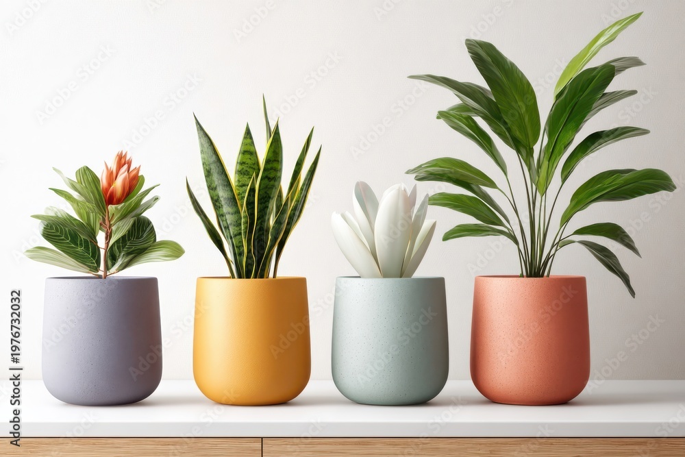 Fototapeta premium Row of colorful potted plants on a white table with modern ceramic planters