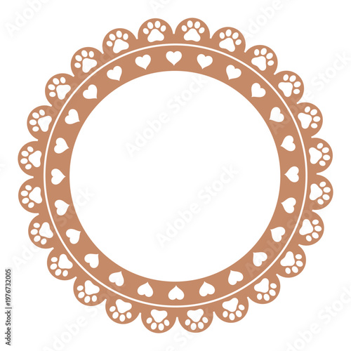 Illustration of a round frame with an ornament of hearts and dog paws on a white background
