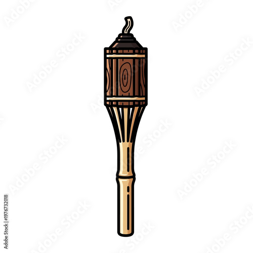 Antique torch with ornate metal top and wooden handle for decorative use