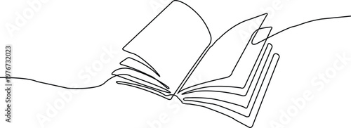 Open book with pages turning drawn in continuous line art style reading