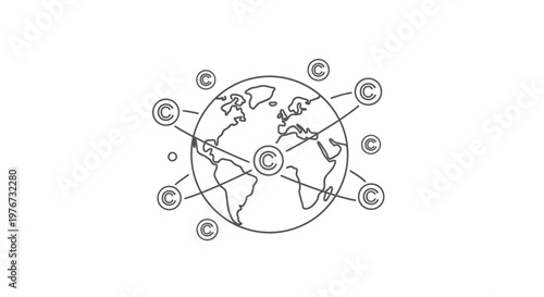 Global Copyright and Intellectual Property Rights Vector Illustration with World Map Globe Line Art