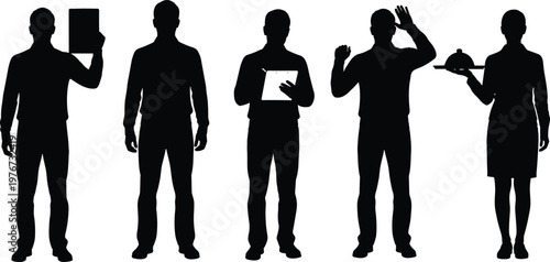 Silhouette people illustration, diverse professions vector, standing human figures design, serving tray artwork, clipboard worker, salute gesture, casual stance concept