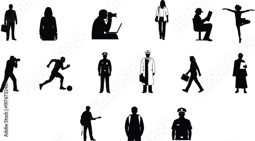 Silhouette people group, diverse professions, doctor, police officer, pilot, musician, athlete, worker, laptop user, photographer, dancer, teamwork, society roles