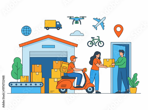 Delivery courier riding a motorized scooter provides a cardboard box package to a happy customer standing near the entrance in this professional logistics vector graphic illustration