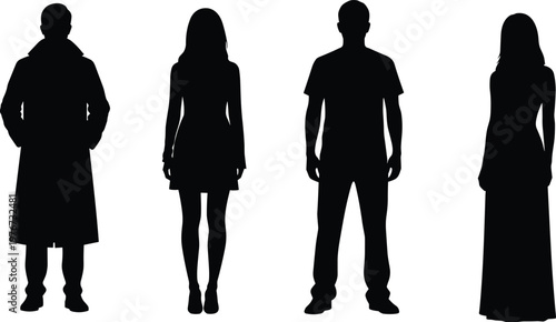 Silhouette people illustration, diverse clothing styles vector, standing human figures design, fashion concept artwork, casual dress, long coat, t-shirt, gown