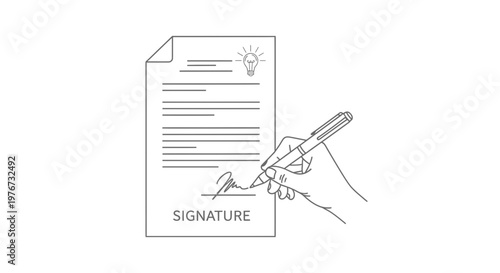 Professional Business Agreement Signature with Lightbulb Idea Icon Line Art Illustration