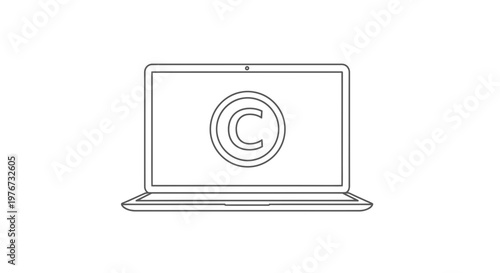 Digital copyright protection on laptop screen line art illustration vector graphic design element