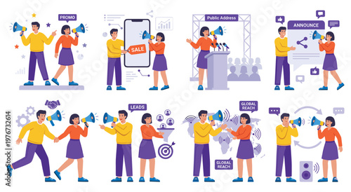 Business promotion, sales announcement, and lead generation. Teamwork and communication in marketing. Public address and global reach for business growth.