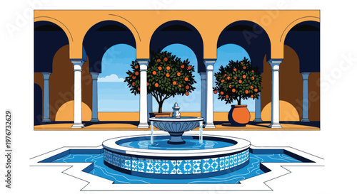Mediterranean courtyard, fountain, arched colonnade, vector illustration