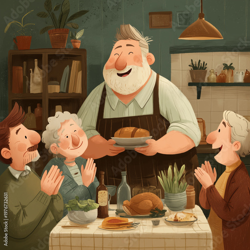 Warm kitchen scene with elderly family gathered. Man presents roast turkey with joyful expression. Grandparents and grandchildren clap hands in delight. Table holds pie, wine, greens